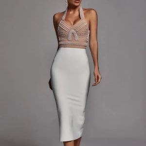 Vestido de Fiesta Elegante <span class=keywords><strong>para</strong></span> Mujer, Personalizado, con Cuentas de Perlas, Corsé Cristalizado, Cuello Halter, Midi, Estilo Bandage, <span class=keywords><strong>para</strong></span> <span class=keywords><strong>Cena</strong></span> o Cumpleaños - Product Image 1