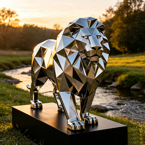 Sculpture de <span class=keywords><strong>lion</strong></span> géométrique moderne en acier inoxydable, poli miroir, grande statue de <span class=keywords><strong>lion</strong></span> en métal pour la décoration paysagère extérieure du jardin - Product Image 6