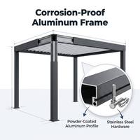 Pergola en alliage d'aluminium avec cadre anti-corrosion, mécanisme à lamelles, options de couleur et de taille personnalisables, finition thermolaquée.