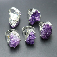 Vente en gros de bagues en pierre améthyste naturelle bague en grappe cristal brut cadeau bijoux en pierres précieuses bague réglable décoration de bouche
