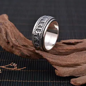 S925 plata esterlina diez mil caracteres Vajra mortero seis palabras verdad transferencia anillo China-Chic vintage artesano anillo