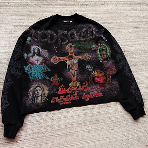 เสื้อเชิ้ตแขนยาวผ้าคอตตอนวาฟเฟิลพิมพ์ลายดิจิตอลประดับคริสตัลสไตล์สตรีทแวร์สำหรับผู้ชาย - Product Image 1