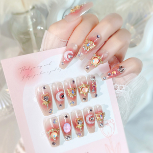 Nuevas <span class=keywords><strong>Uñas</strong></span> Postizas de Plástico para Mujer al por Mayor, Marca Personalizada, Rosadas, 3D, con Corazón, Luna, Mariposa <span class=keywords><strong>y</strong></span> Diamantes de Imitación, Cobertura Completa, 24 Piezas - Product Image 4