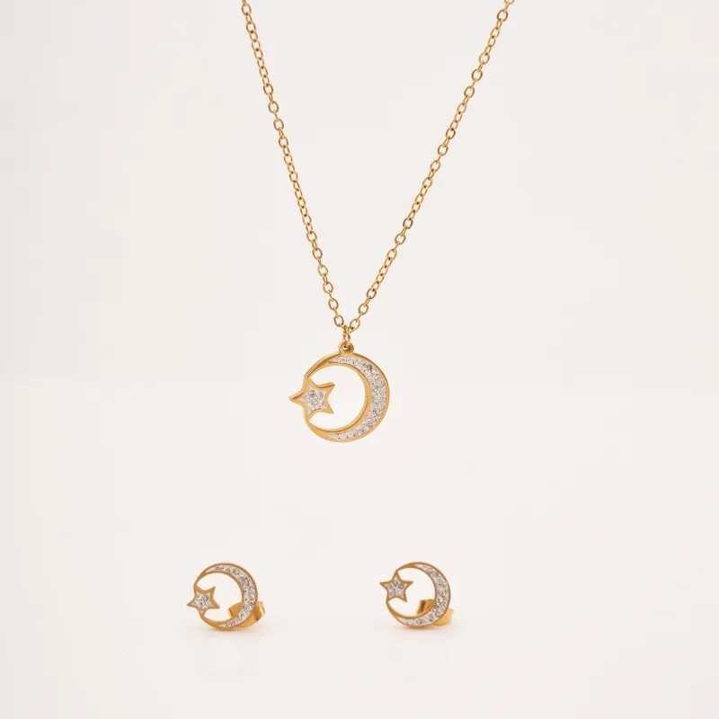 Emas 18K 304 baja tahan karat berlian imitasi liontin bintang bulan kalung jimat dengan 2 anting gaya klasik hadiah pesta perhiasan