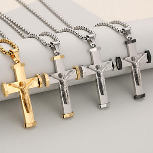 Collar con colgante de moda de acero inoxidable para hombre, cadena de plata chapada en oro, Cruz grabada para aniversarios religiosos cristianos - Product Image 1