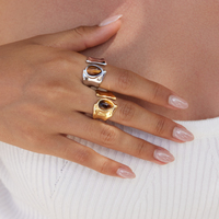 J&D 18K Gold Edelstahl Tigerauge Tropfenförmiger Strukturierter Breiter Ring Vintage Boho Verstellbarer Offener Damen Modeschmuck