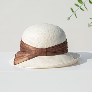 LINGLONG 2023 sombrero de paja Abaca de seda de lujo para mujer 100% <span class=keywords><strong>Toyo</strong></span> Paper Cloche Elegance Profile Brim para viajes de sol de verano - Product Image 2