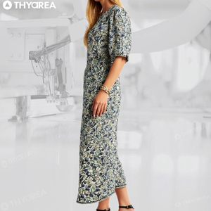 OEKO TEX all'ingrosso su misura di abbigliamento fabbricazione di <span class=keywords><strong>moda</strong></span> <span class=keywords><strong>Design</strong></span> O collo stampato manica corta abito da donna per le vacanze - Product Image 2