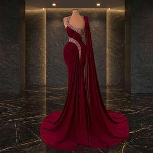 Robe de bal maxi romantique à col montant en satin et dentelle, ornée de cristaux, broderie florale, éco-responsable, silhouette droite et douce, style vintage - Product Image 2