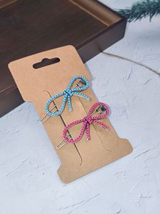 2PCS New Retro Bowknot Turquoise <strong>Hair</strong> <strong>Clip</strong> <strong>Set</strong> - Pink &amp; Blue Geometric Pattern Inlay - Chic Western Style Bobby Pins for Women - Product Image 6