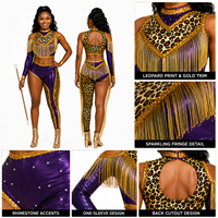 Uniforme de majorette à imprimé léopard violet avec franges scintillantes, costume de danse en spandex métallisé brillant pour la compétition et les défilés