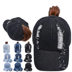 야구 모자 6 패널 블랙 농구 포니 테일 워시 패브릭 데님 찢어진 모자 여성 사용자 정의 모자 빈 로고