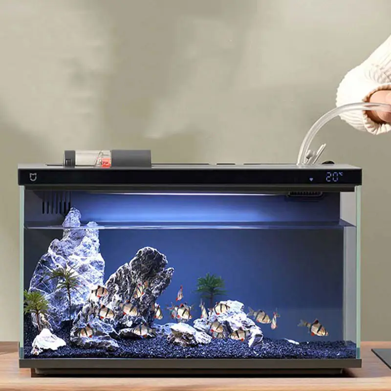 Tangki ikan akuarium kaca, tangki ikan meja pintar dengan kontrol WIFI kotak makan Filter lampu