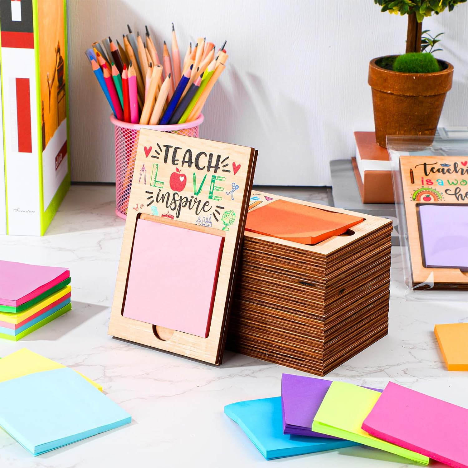 Acacia Wood Sticky Note Holder, Post It Note Dispenser For Office Desk Accessori