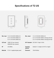 Interrupteur mural intelligent à double bouton, compatible Alexa et Google Home, 10A, IP27, 100-240V, design minimaliste, EWeLink, fabriqué aux États-Unis, durable, avec écran tactile.