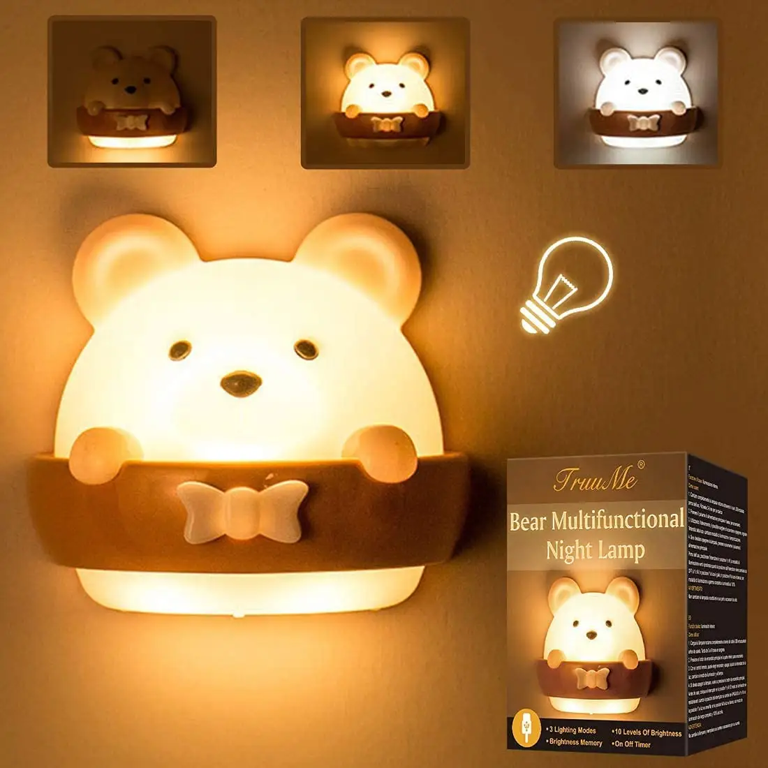 Kids Room Cute Bear Night Light Girls Baby Boy Toddler Gifts Portable USB Charging Reading Sleeping Relaxing Kids Night Lamp