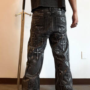 فضفاض كبير الحجم أسود مخصص الشارع الشهير حمض حجر مغسول خمر منقوش شعار بالأسى الساق مستقيم مضيئة الجينز السراويل الجينز - Product Image 4