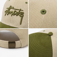 Casquette de baseball en velours côtelé bicolore crème et vert olive brodée six panneaux réglable unisexe en gros