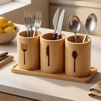 Ensemble de supports à ustensiles en bambou avec plateau, organisateur de couverts de cuisine pour cuillères, fourchettes et couteaux, rangement de comptoir pour restaurant