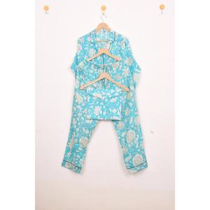 Best Quality Hand Block Printed Cotton Pajama Set Floral Print Sleepwear Turn-<b>Down</b> Collar Three Piece Loungewear - Product Image 3