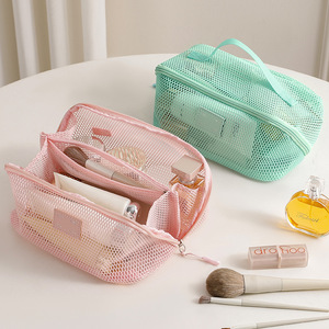 Vente en gros de sacs de <span class=keywords><strong>maquillage</strong></span> en maille écologique avec poignée souple sacs à main de rangement de cosmétiques personnalisés pour femmes cadeaux promotionnels multicolores - Product Image 3