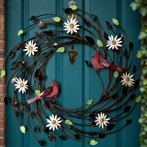 Corona de metal rústica con pájaros rojos y flores de margarita, decoración de pared hecha a mano, forma redonda, sin iluminación - Product Image 3