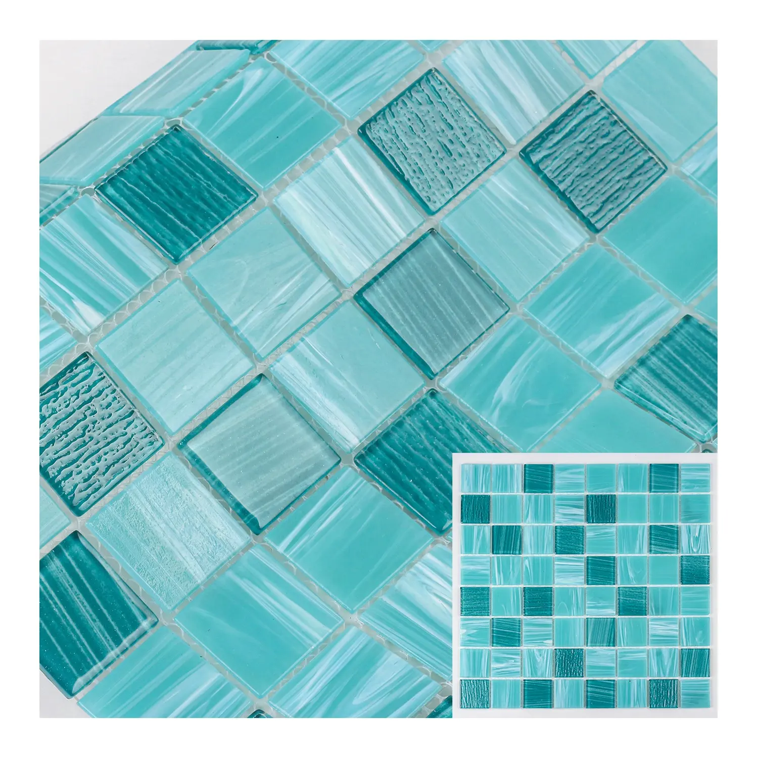 Carreau de mosaïque en verre de piscine de peinture à la main carré vert thermofusible scintillant peu coûteux