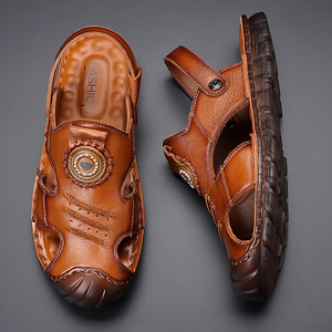 Sandales d'été en cuir pour hommes, double usage, en cuir véritable, fabriquées à la main, avec embout renforcé, antidérapantes, tendance, respirantes, pour la plage - Product Image 3