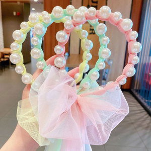 Fasce per capelli con nastro di perle carine per bambini principessa Tulle coda di cavallo da ragazza - Product Image 1