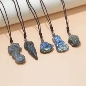 Customize Natural Blue Flash Labradorite Crystal Pegasus Wolf Head Goddess Figurines Moon Carving Pendant Black Rope Necklace