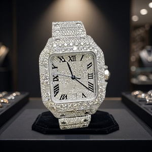 Montre de luxe unisexe en acier inoxydable avec moissanite carrée en verre de qualité supérieure, entièrement sertie de diamants, résistante à l'eau 10 bars, avec bracelet - Product Image 3