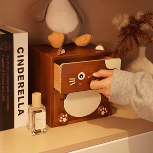 Organisateur de bureau en bois massif avec 2 tiroirs, design chat de dessin animé mignon, pour cosmétiques et papeterie, décoration de bureau/chambre - Product Image 6