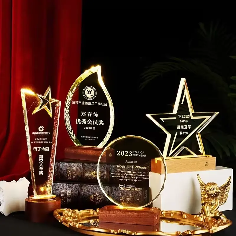 Hot sale K9 blank crystal award trophy custom led crystal wooden trophy business award for souvenirs