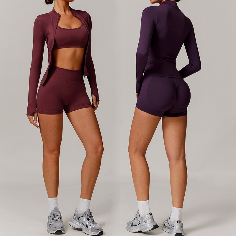 Women Seamless Stand Collar Zipper Yoga Set Windproof Slim Warm Top Running Sports Suit