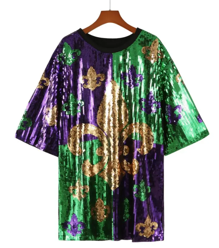 Vêtements pour femmes personnalisés Vente en gros Mardi Gras Sequin Long Stripe Dress Apparel Mardi Gras Shirt
