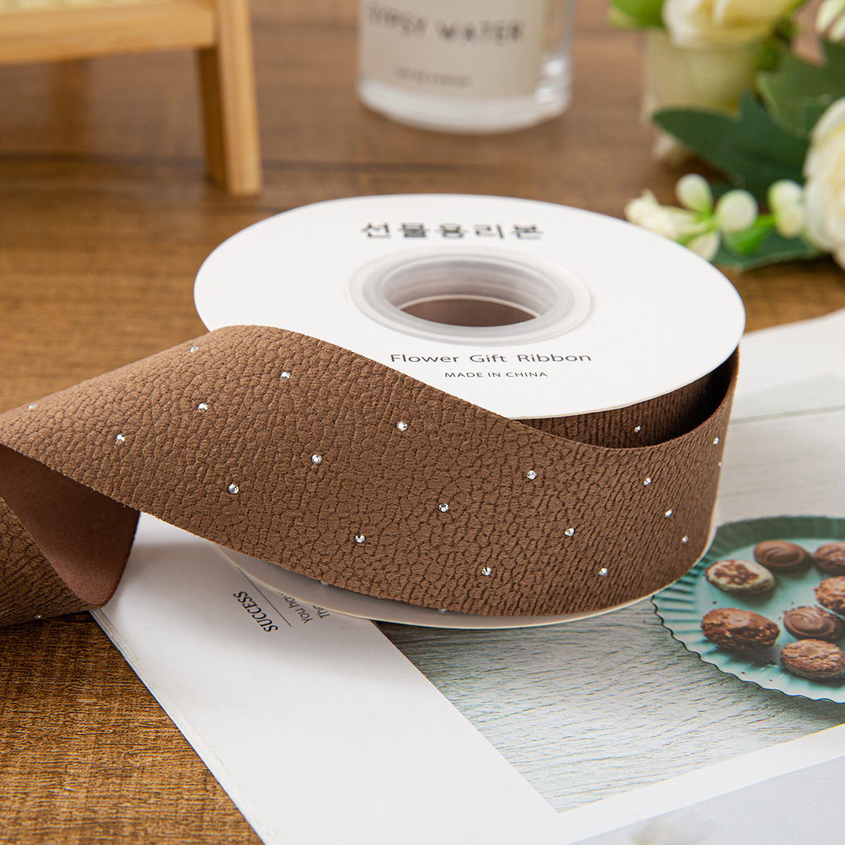 Sangle en simili cuir, marquage à chaud café, 4cm, 5 yards