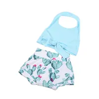 Hot Sell Summer 230g Children's Clothing Sets Girls Floral Halter Sets Toddler Baby ribbed Back Tie Tank Top and Bummies Outfit