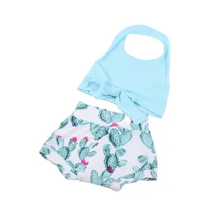 Hot Verkoop Zomer 230G Kinderkleding Sets Meisjes Bloemen Halter Sets Peuter Baby Geribbelde Terug Tie Tank Top en Bummies Outfit
