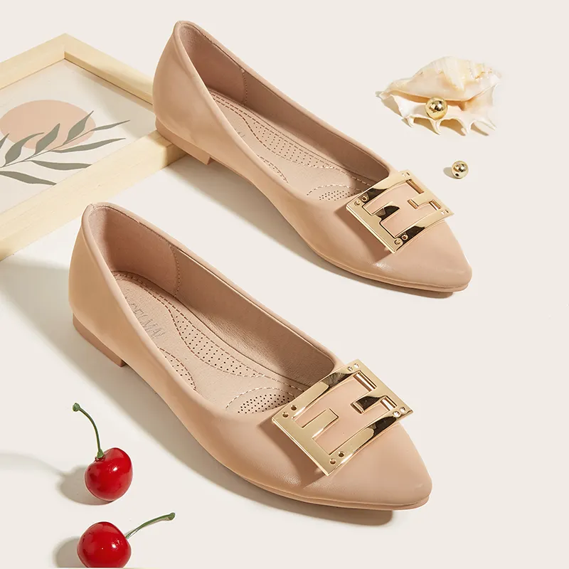 New Design Women Flats Shoes Ladies Fashion Pointy Toe Nude Shoes Comfort Casual Shoes Low Cut Metal Square Office Ballet Flats