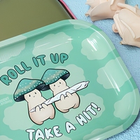Plateau roulant en métal portable motif champignon de dessin animé, plateau de service vert imprimé en fer blanc pour bureau