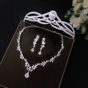 Tiaras cristal conjunto de brincos, colar com strass coroa de noiva conjunto de jóias para acessórios de noiva cabelo