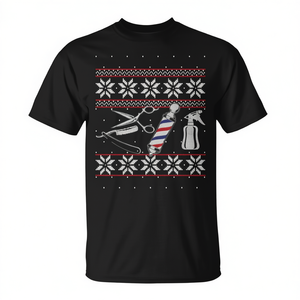 T-shirt Pull de Noël moche à motif de poteau de barbier, ciseaux et rasoir - Product Image 2