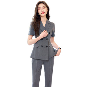 Women's Suit Set Summer Short Sleeve Double Breasted Slim Fit Polyester Anti Wrinkle Office Lady Formal Wear - Product Image 5
