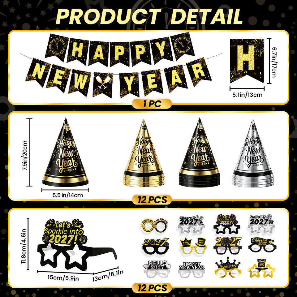 2027 New Year Party Decor Kit Happy New Year Banner Cone Hats Photo ...