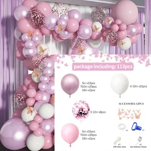 113Pcs Metallic Pink Latex Balloon Arch Set Paper Butterfly Theme Party Background Decorated Supplies