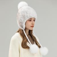 Chapeau Ushanka en fourrure de vison véritable tricoté double face pour femme, chaud et extensible, avec cache-oreilles et pompon en fourrure de renard véritable, idéal pour l'extérieur en hiver