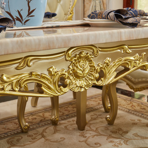 Juego de Mesa de Comedor Rectangular de Madera Maciza Dorada Noble de Lujo con Marco Tallado, con Cubierta de Mármol y Combinación de Sillas para Restaurantes y Hogar - Product Image 4