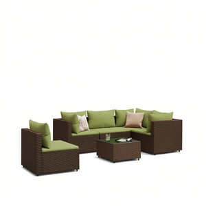 Ensemble de salon de jardin en polyrotin marron, 6 places, mobilier d'extérieur avec pieds réglables, design contemporain - Product Image 1