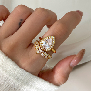 Pear Shape Zircon Brass Gemstone Engagement <b>Ring</b> <b>Set</b> with Zirconia 18K <b>Gold</b> & Rhodium Plated for Women Party & Anniversary - Product Image 2