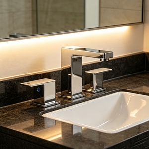 Basin Bathroom Sink Faucet 3 Hole Dual Handle Metered Ceramic Valve Core Modern Design Deck Mount Stainless Steel Chrome - Product Image 1